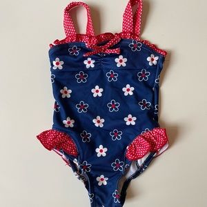 90s vintage red & blue Penelope Mack floral polka dot ruffle swim/bathing suit